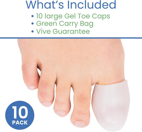 ViveSole 10 Pack Soft Gel Toe Protectors for Men & Women - Flexible Cushion Sleeves for Foot Pain Relief (Large)