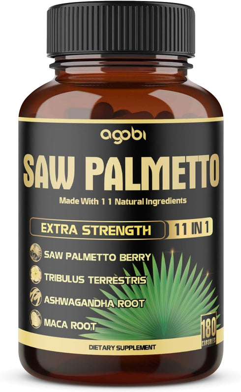 11in1 Saw Palmetto Capsules with Ashwagandha, Turmeric, Tribulus, Maca & More - 180 Count Healthy Prostate & Hair