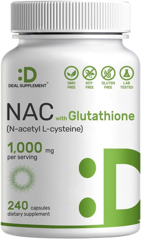 NAC Supplement (N-Acetyl Cysteine) 1,000mg Per Serving with Reduced Glutathione, 240 Capsules