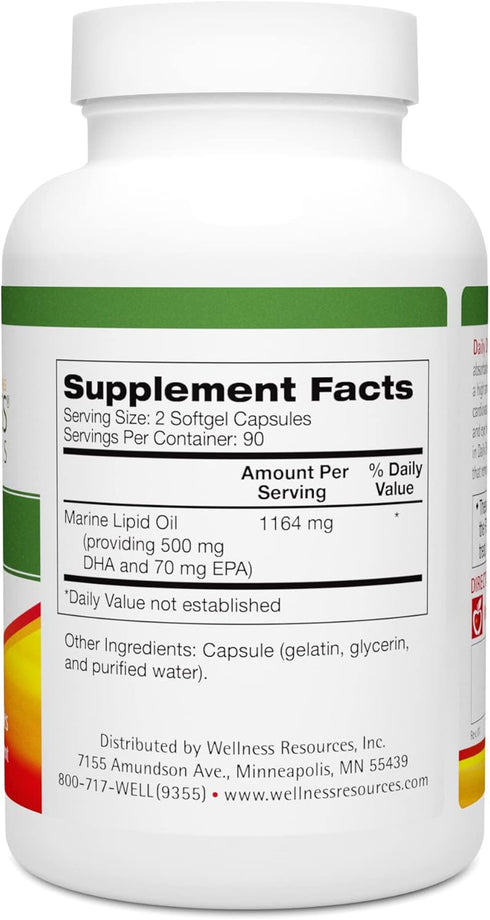Wellness Resources Daily DHA - DHA Fish Oil in TG Form, Highest Potency & Purity, 180 Capsules