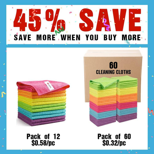 Orighty Microfiber Cleaning Cloths, 60 Pack, Lint Free, Highly Absorbent Rags for House, Kitchen, Car Care (12x12 inch)