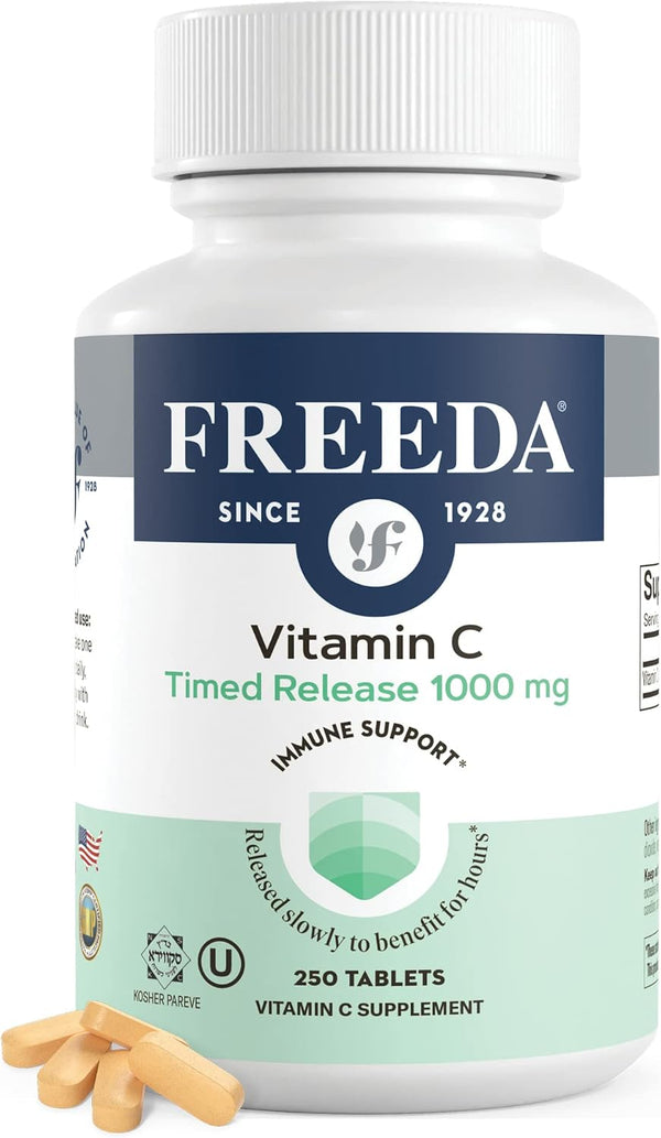 FREEDA Vitamin C - Timed Release 1000mg Tablets - Kosher Vegan Antioxidant Immune Support (250 Ct)