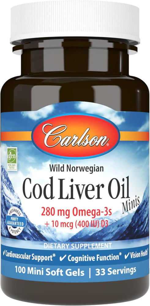 Carlson Cod Liver Oil Minis, 100 Mini Softgels - 280 mg Omega-3s + Vitamins A & D3 for Heart & Vision Health