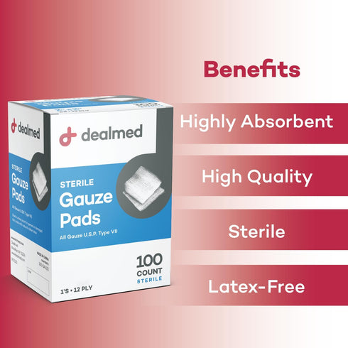 Dealmed 3’’ x 3’’ Sterile Gauze Pads, 100 Count, Disposable and Individually Wrapped for First Aid