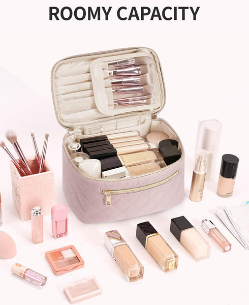 Makeup Bag, Travel Make Up Organizer, Cosmetic Brush Bags Case for Women in Quilted Fabric, Pink (Patent Pending)
