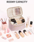 Makeup Bag, Travel Make Up Organizer, Cosmetic Brush Bags Case for Women in Quilted Fabric, Pink (Patent Pending)