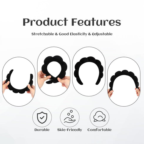 Women Spa Headband for Washing Face, Puffy Sponge Headbands for Skincare and Makeup Removal, Black