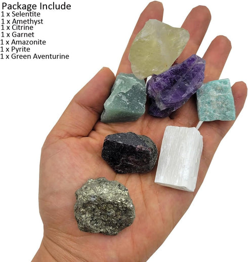 SeeuFun 7Pcs Set Energy Crystals for Money and Success Manifestation Raw Crystals of Selenite,Green