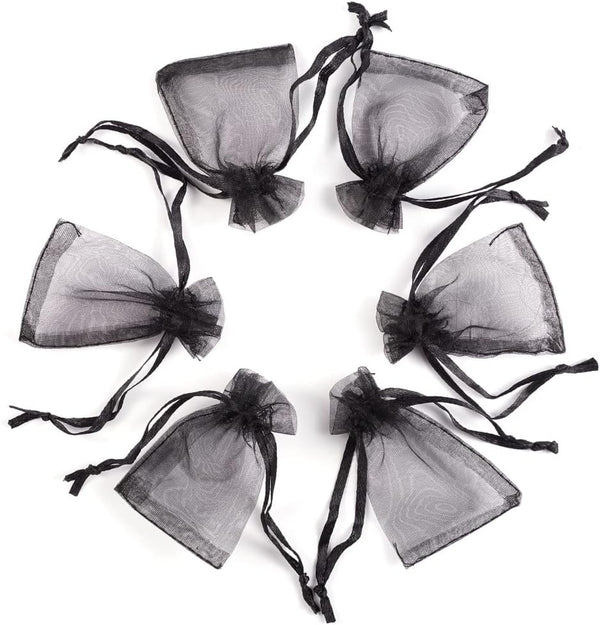 Pandahall 100pcs Black Organza Mini Pouch Bags with Ribbons - Drawstring Gift Bags (1.96x2.75")(5x7cm)