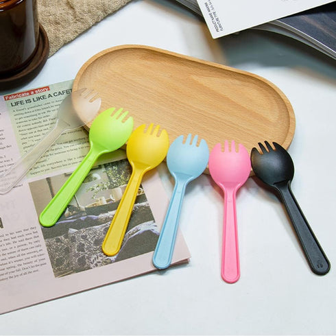4.3" Mini Disposable Sporks, 100ct Plastic 2-in-1 Utensils, 4 Colors, 25ct Individual Package Per Color