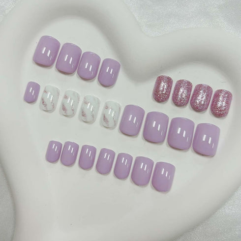 Square Press on Nails, Short Fake Nails with Glitter and Marbling Design, 24Pcs for Women Manicure
