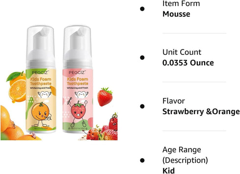 Foam Toothpaste Kids, Foaming Toothpaste for U Shape Toothbrush, Travel Friendly, 2PCs x 60ml