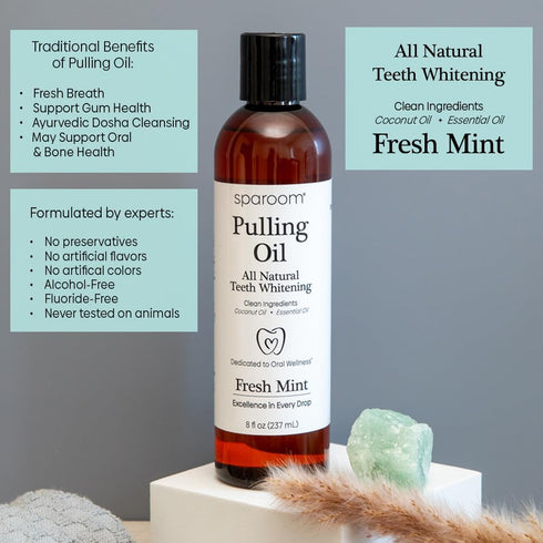 SpaRoom Ayurveda Pulling Oil Mouthwash and Tongue Scraper, Coconut Oil and 7 Essential Oils, 8 Fl. Oz