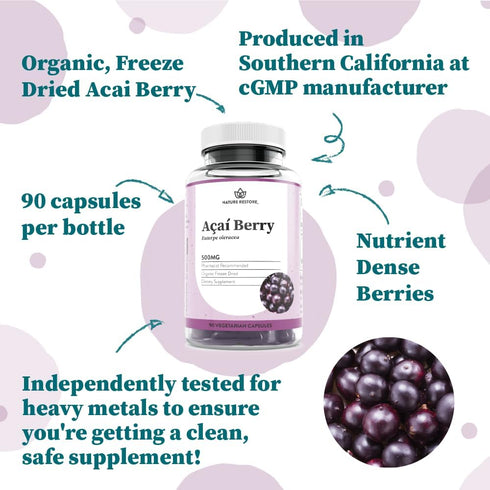 Nature Restore Organic Acai Berry Supplement - Freeze Dried, 90 Capsules, Non-GMO, Gluten Free, Vegan