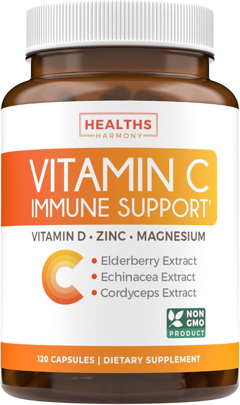 Immune Support Supplement with Elderberry, Vitamin C, Zinc, D, Magnesium, Echinacea, Cordyceps - 120 Vegetarian Capsules