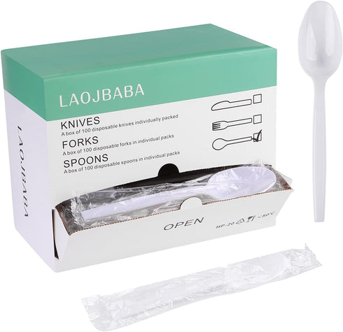Plastic Disposable Spoons, Individually Packaged, 7-Inch White Commercial Take Away, 100 PCS