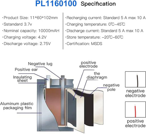 YTKavq 3.7V 10000mAh 1160100 2.0mm Lithium Polymer Ion Rechargeable Lipo Battery with PH Pitch Connector