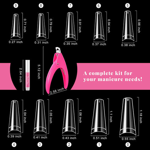 MORGLES Half Cover Coffin Nail Tips Set, 500 Pcs Clear Acrylic Nail Tips with Glue, Clipper, and Files