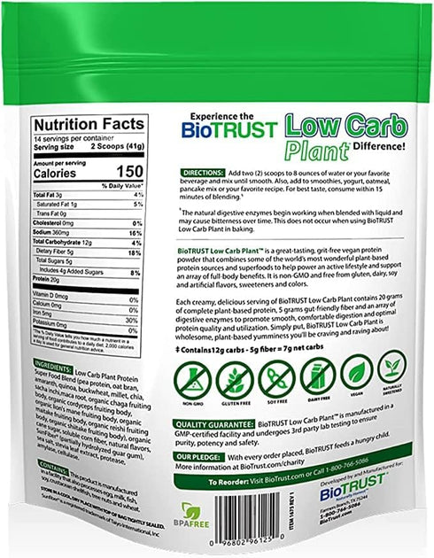 BioTrust Low Carb Plant Protein, Vanilla Caramel, 20 Grams of Clean Protein, 5 Grams Fiber, 14 Servings