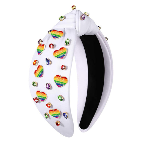 Pride Headbands for Women, Rainbow Heart Knotted Headband, Embellished Crystal Wide Top Knot Hair Accessories