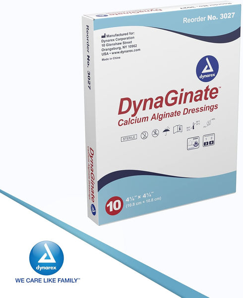 Dynarex DynaGinate Calcium Alginate Wound Dressing, Sterile Non-Stick Pads, 4.25"x 4.25", Box of 10