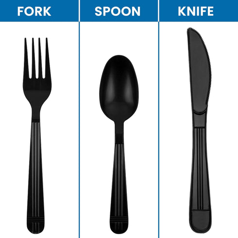 50 ct Black Plastic Utensils Set, Heavy Duty Disposable Cutlery Pack with Wrapped Napkin and Salt/Pepper