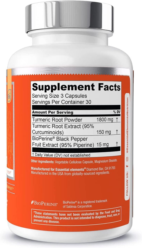 Essential Elements Turmeric Curcumin - Joint, Heart & Brain Support - with Bioperine for Increased Absorption 1950 mg -