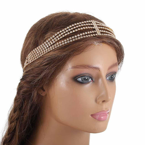 Layered Head Chain - Rhinestone Hair Jewelry Gold Elastic Headpiece for Wedding, Crystal Prom Party Halloween for Women