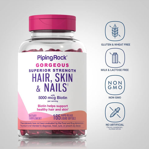 Piping Rock Hair Skin and Nails Vitamins | 165 Softgels | 5000 mcg Biotin, Moroccan Oil, Collagen, Non-GMO