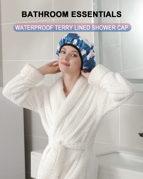 YIZIJIZI Terry Lined Shower Cap, Triple Layer Large Reusable Waterproof Cap for Long Thick Hair, Blue