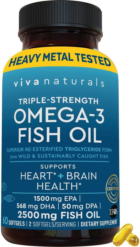 Viva Naturals Triple Strength Omega 3 Fish Oil Supplement - 2500 mg Fish Oil with Re-Esterified Omega 3 Fatty Acids