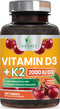 Vitamin D3 K2 as MK-7 - 2000iu of D3 & 75mcg K2, Bone Strength Supplements Support Calcium Absorption for Teeth & Bone