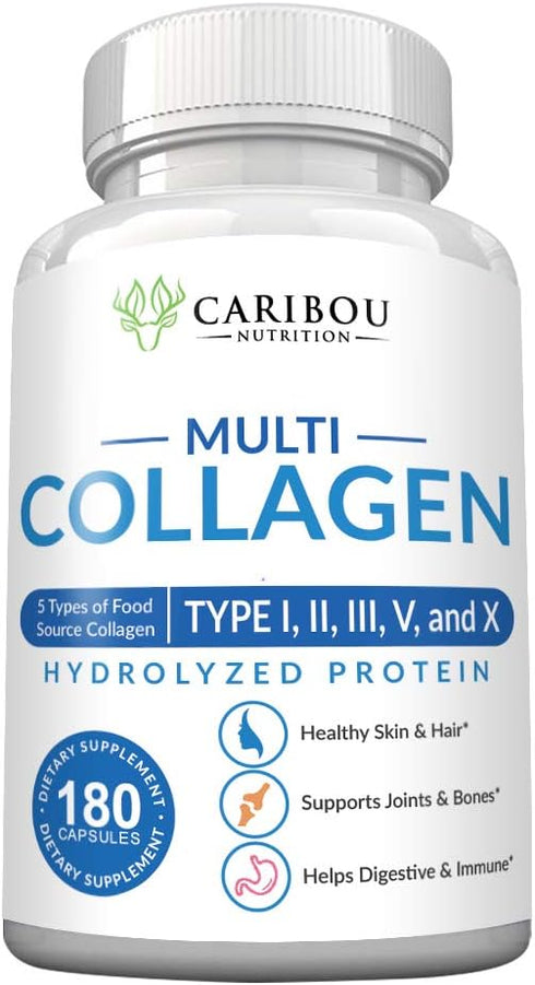 Multi Collagen Pills, 180 Capsules - Type I, II, III, V & X Collagen Peptides, Wild Fish, Eggshell, Chicken & Beef