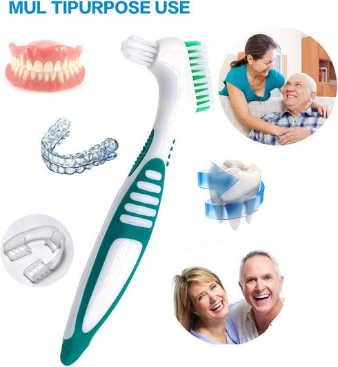 Premium Hygiene Denture Cleaning Brush Set - Multi-Layered Bristles & Ergonomic Handle for Denture Care (Purple & Green)
