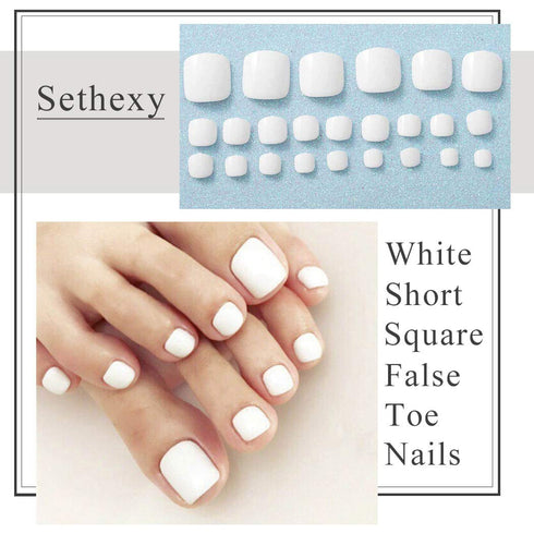 Sethexy Solid Color Glossy False Toe Nails, Bright Fashion Square Short Full Cover, 24PCS Fake ToeNails for Women