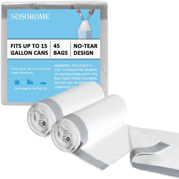 15 Gallon Tall Kitchen Trash Bags, 1.2 Mil Thick White Garbage Bag, 45 Count