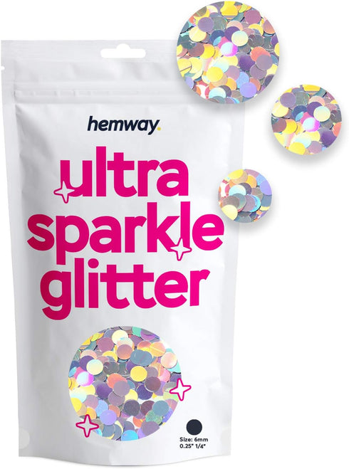 Hemway Ultra Sparkle Glitter - 1/8" Silver Holographic Circle Sequins for Crafts and Decoration - 50g