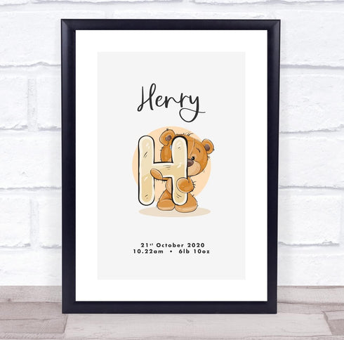 The Card Zoo New Baby Birth Details Christening Nursery Bear Initial H Keepsake Gift Print