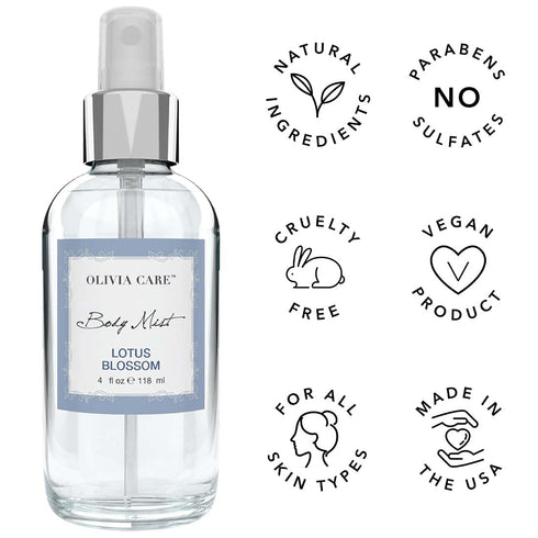Olivia Care Body Mist Spray, Made with Natural Lotus Blossom Fragrance Scent, Refreshing, Soothing & Cooling