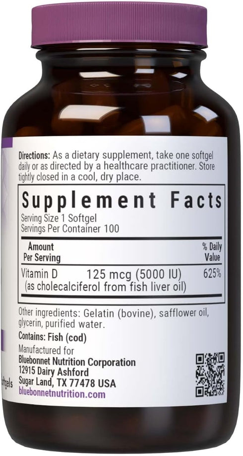 Bluebonnet Nutrition Vitamin D3 5000 IU Softgels, 100 Count, Non GMO, Gluten, Soy & Dairy Free