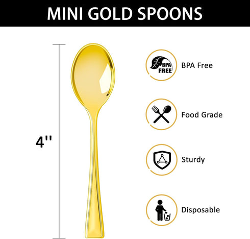 Qeirudu 4 Inch Gold Plastic Mini Spoons, 100 Pack Disposable Tasting Spoons Heavy Duty Small Dessert Spoons for Party Dessert Shooters, Food Samples, Appetizers, Ice Creams, Puddings