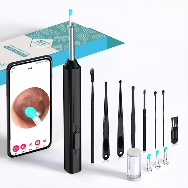 ?1296p?Ear Picker with Camera - Light-up Ear Picker, 8-Piece Set, Ear Cleaner for iOS and Android, Black