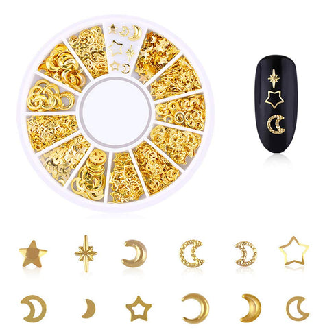 WOKOTO 6 Boxes Nail Art Studs Set, Gold Silver Hollow Star Moon Flower Rivet Kit with Tweezers and Picker Pencil