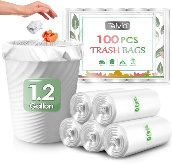1.2 Gallon Strong Trash Bags, 100 Counts, Clear Garbage Bags for Bathroom Trash Can Liners