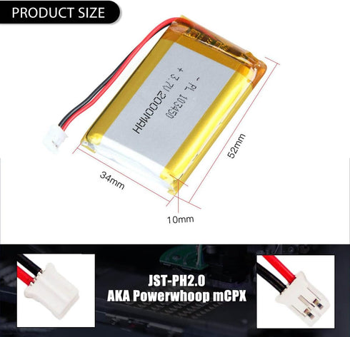 3.7V 2000mAh Battery 103450 Lithium Polymer Ion Rechargeable Li-ion Li-Po Battery with 2P PH 2.0mm Pitch Connector