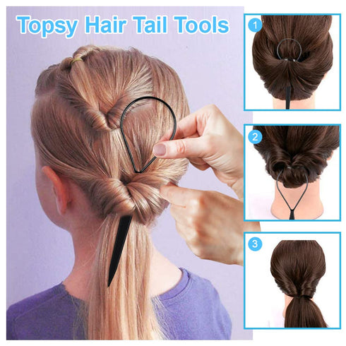 Topsy Tail Hair Tool Set, 400pcs Hair Rubber Bands, 200pcs Clear & Black Elastics, 2 Hair Loop Tools, 1 Rat Tail Comb