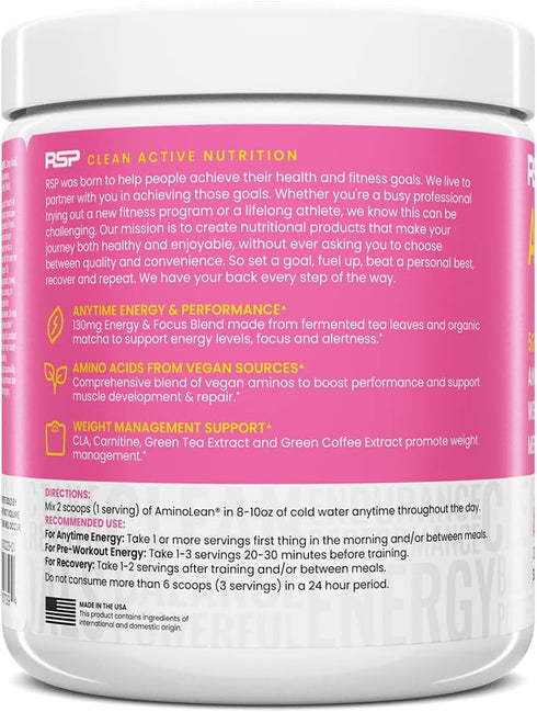 RSP NUTRITION AminoLean Pre Workout Powder, 30 Serv, Pink Lemonade, Amino Energy & Weight Management with Vegan BCAA