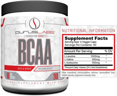 BCAA Capsules by Purus Labs Foundation Series - 240 Capsules for Recovery, Endurance, Strength