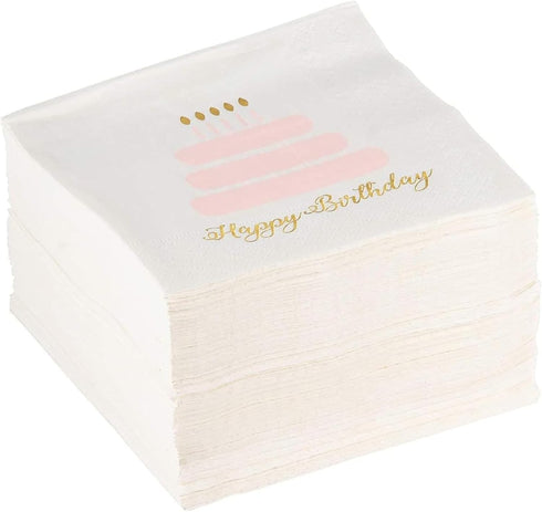 BLUE PANDA 100 Pack Happy Birthday Napkins - 3-ply Gold Foil Disposable Cocktail Paper Napkins