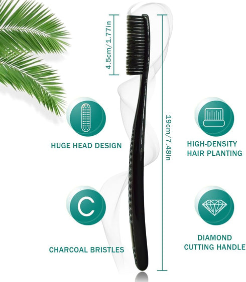 Large Long Head Toothbrush, 4-Pack, Upgraded Hard Charcoal Bristles for Whitening and Plaque Removal